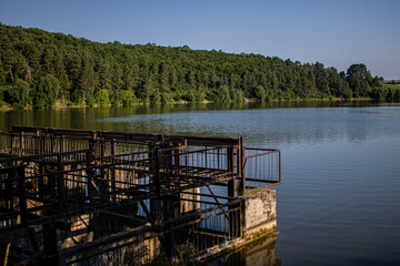 Pond with a dam on a background of pine forest in summer