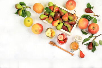 Apple-pear cider with honey, juice. Diet and weight loss concept, jewish new year Rosh Hashanah background. Apples help cleanse the body and reduce weight. Healthy eating,