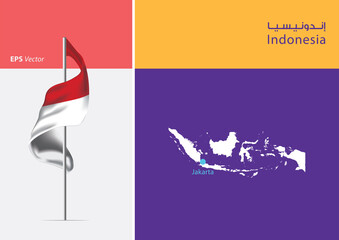Flag of Indonesia on white background. Map of Indonesia with Capital position -Jakarta. The script in Arabic means Indonesia
