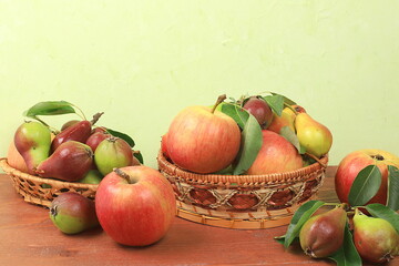 Apples and pears on a rustic table. Diet and weight loss concept, jewish new year Rosh Hashanah...