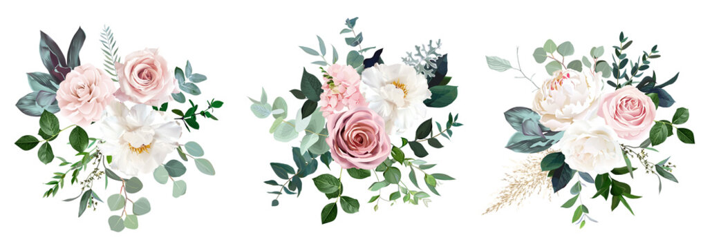 White peonies, blush and dusty pink roses, blooming freesia, eucalyptus, salal, pampas grass