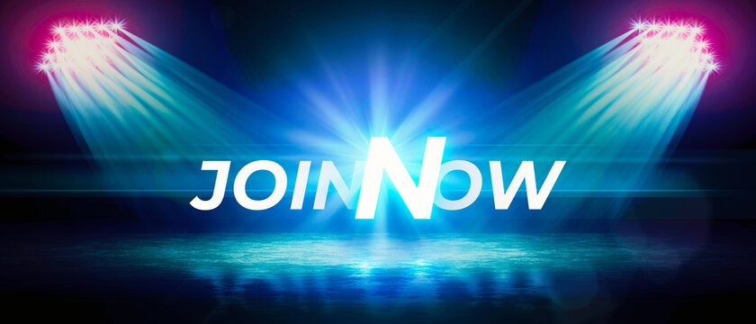 Join Now lettering on a dark background in the stadium floodlights in the form of a flyer. Glowing inscription for a call to action on a black banner for advertisements. 3D illustration