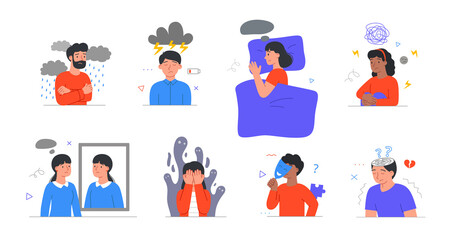 Set with male and female characters having mental health problems on white background. People with anxiety, bipolar, panic attacks, insomnia and schizophrenia. Flat cartoon vector illustration