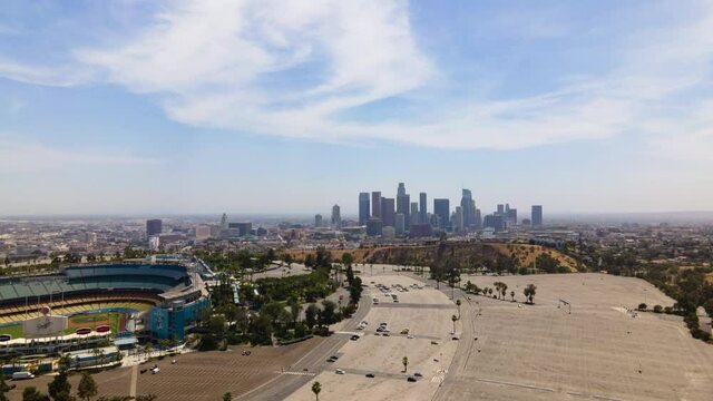 Aerial hyperlapse over Los Angeles cityscape in the daytime