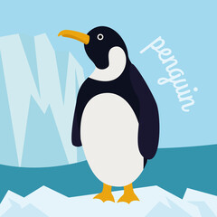 Cute penguin in winter in the ice on the background of the iceberg. Vector illustration.