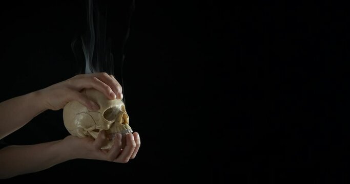 Hold a horror skull. A woman hold a horror skull in fume in hand in the dark room.
