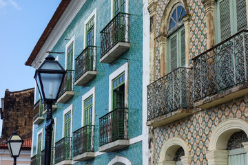 tiled facade of historic colonial building in Sao Luis downtown, Maranhao, Brazil - obrazy, fototapety, plakaty