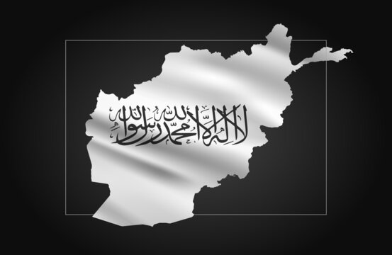 Afghanistan map inside Taliban flag on black gradient background.