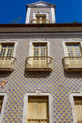 tiled facade of historic colonial building in Sao Luis downtown, Maranhao, Brazil