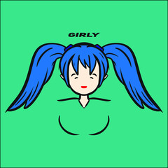 Cute anime girl mascot logo with blue hair, editable vector file for your brand or all your graphic needs