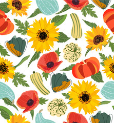 Vector seamless autumn pattern. Autumn leaf, pumpkin, sunflower, papaver on white background. Boundless pattern for your design. Harvest time. Thanksgiving day.