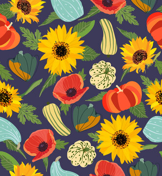 Autumn colorful pumpkins seamless pattern with green leaves, sunflowers, poppies. Vector Halloween illustration. Perfect for fall, Thanksgiving, holidays, fabric, textile
