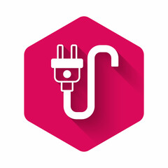 White Electric plug icon isolated with long shadow background. Concept of connection and disconnection of the electricity. Pink hexagon button. Vector