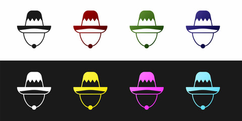 Set Traditional mexican sombrero hat icon isolated on black and white background. Vector