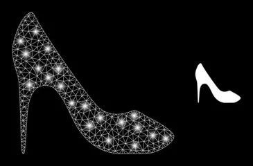 Poster Bright mesh vector high heel shoe with glare effect. White mesh, glare spots on a black background with high heel shoe icon. Mesh and glare elements are placed on different layers. © Viktor
