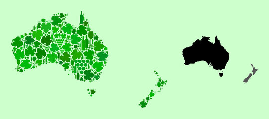 Vector Map of Australia and New Zealand. Mosaic of green grape leaves, wine bottles. Map of Australia and New Zealand collage designed from bottles, grapes, green leaves.
