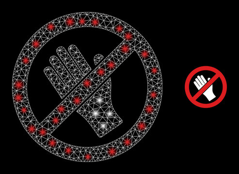 Glossy mesh vector do not touch with glare effect. White mesh, light spots on a black background with do not touch icon. Mesh and glowing elements are placed on different layers.