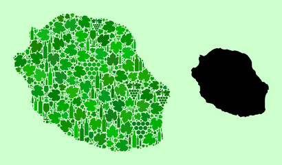 Vector Map of Reunion Island. Mosaic of green grapes, wine bottles. Map of Reunion Island mosaic designed with bottles, berries, green leaves. Abstract mosaic designed for advertising purposes.