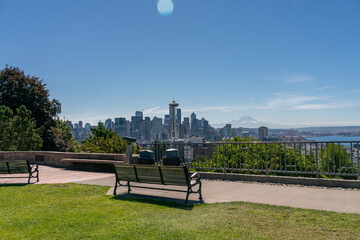 View of Downtown Seattle Space Needle from Bench in Kerry Park and Mount Rainer in the background