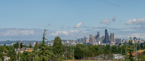 Panoramic View of Downtown Seattle Buildings with Soccer Field in the Foreground