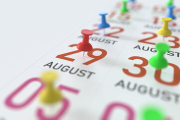 August 29 date and push pin on a calendar, 3D rendering
