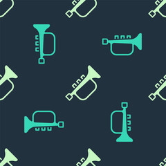 Green and beige Musical instrument trumpet icon isolated seamless pattern on blue background. Vector