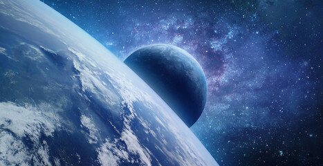 Blue planets collage. Earth planet in deep space. Sci fi wallpaper. Exploration of the space. Elements of this image furnished by NASA - obrazy, fototapety, plakaty