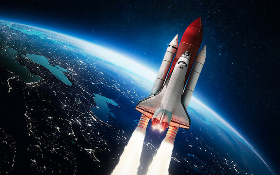 Spaceship in the outer space on orbit of Earth planet. Space shuttle in sky with clouds. Continents and oceans. Elements of this image furnished by NASA