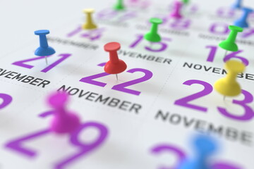 November 22 date after torn page of a paper calendar, 3D rendering