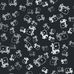 Grey Fuel tanker truck icon isolated seamless pattern on black background. Gasoline tanker. Vector