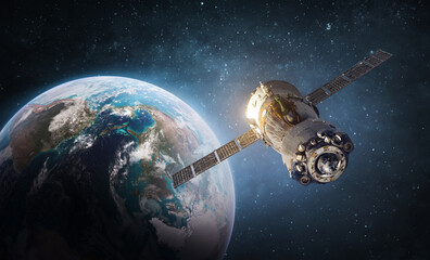 Earth planet. Spaceship on orbit of blue planet. Expedition to International space station....