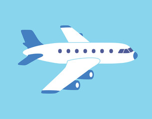 White jet airplane in blue sky flat vector