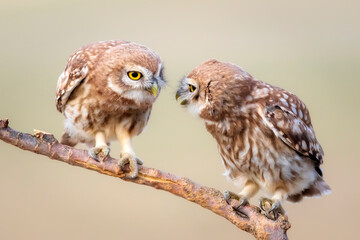 Cute little owls. Colorful nature background. Athene noctua.  