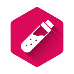 White Bottle with potion icon isolated with long shadow background. Flask with magic potion. Happy Halloween party. Pink hexagon button. Vector