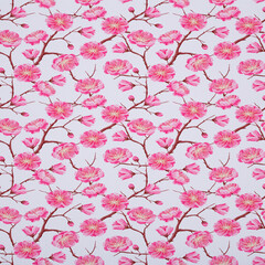 FABRIC TEXTURE PINK AND GREEN FLOWERS WITH WHITE BACKGROUND