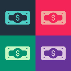 Pop art Stacks paper money cash icon isolated on color background. Money banknotes stacks. Bill currency. Vector