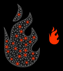 Glossy mesh vector fire flame with glare effect. White mesh, glare spots on a black background with fire flame icon. Mesh and glare elements are placed on different layers.