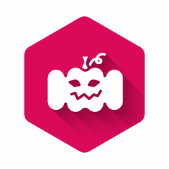White Pumpkin icon isolated with long shadow background. Happy Halloween party. Pink hexagon button. Vector