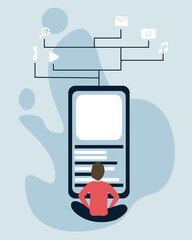 man observing a super phone surrounded by icons