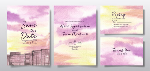 Watercolor wedding invitation set with sunset city landscape