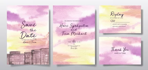 Papier Peint photo Lavable Violet Watercolor wedding invitation set with sunset city landscape