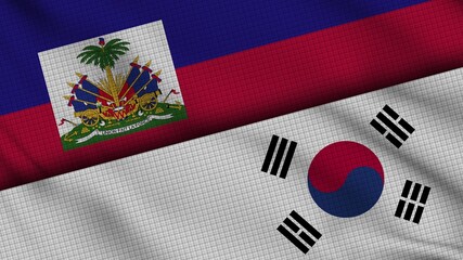 Haiti and South Korea Flags Together, Wavy Fabric, Breaking News, Political Diplomacy Crisis Concept, 3D Illustration