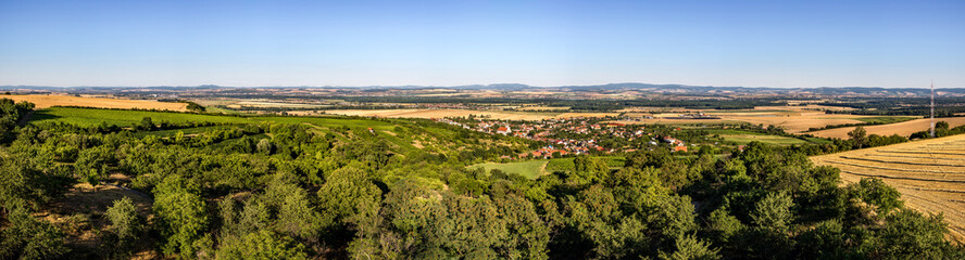 Panorama of a Central European landscape planted with deciduous trees between which a village, a vineyard and cereal fields mingle. Hills with clear blue skies are visible in the background.