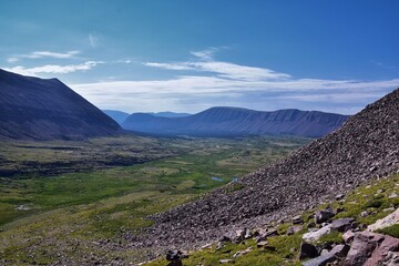 Henry’s Fork hiking trail view towards Kings Peak in Uintah Rocky Mountains in summer, Ashley National Forest, High Uintas Wilderness, Utah. United States. USA