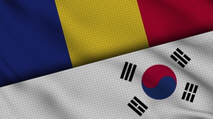 Romania and South Korea Flags Together, Wavy Fabric, Breaking News, Political Diplomacy Crisis Concept, 3D Illustration