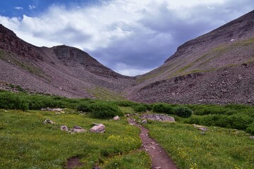 Henry’s Fork hiking trail view towards Kings Peak in Uintah Rocky Mountains in summer, Ashley National Forest, High Uintas Wilderness, Utah. United States. USA