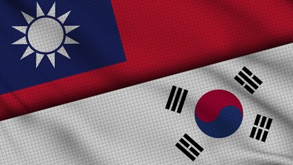 Taiwan and South Korea Flags Together, Wavy Fabric, Breaking News, Political Diplomacy Crisis Concept, 3D Illustration