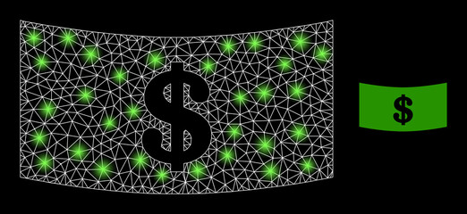 Glamour mesh vector dollar banknote with glare effect. White mesh, glare spots on a black background with dollar banknote icon. Mesh and glare elements are placed on different layers.