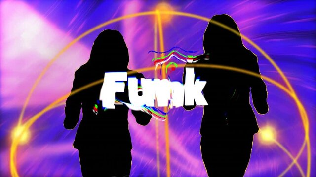 Animation of funk text over geometrical shapes and dancing people