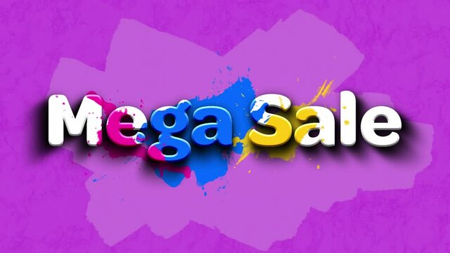 Animation of mega sale text over colorful blots on purple background